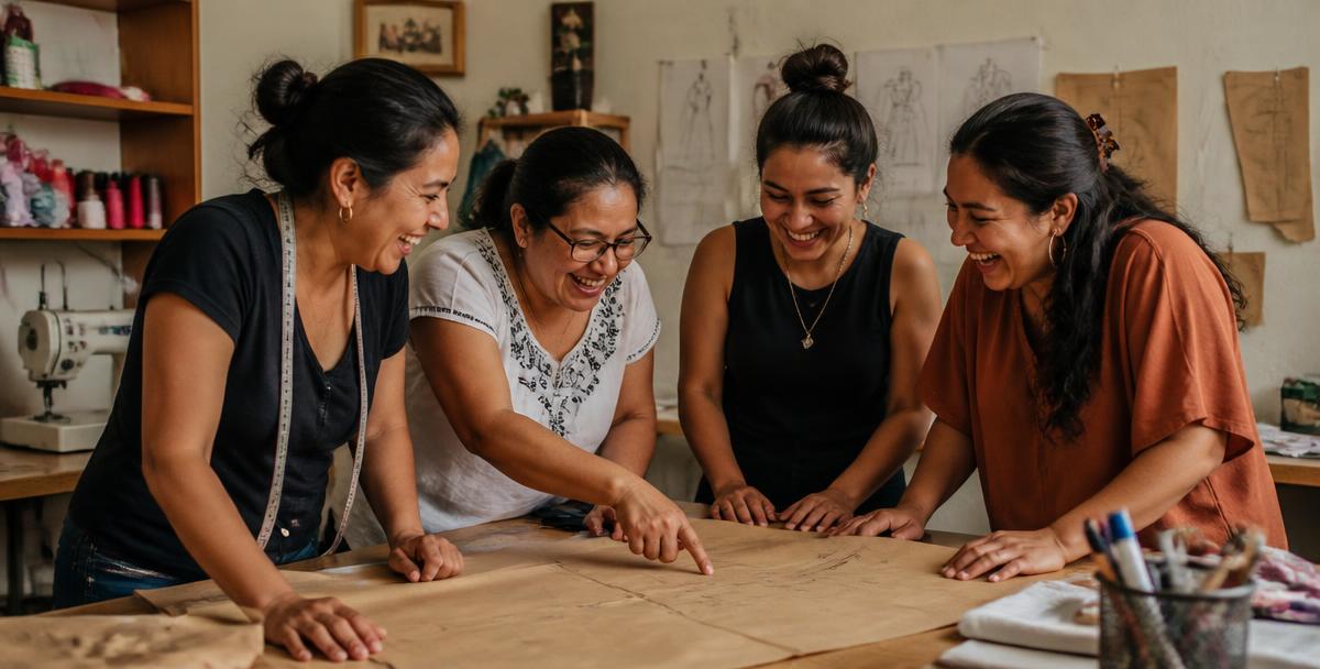 Alumnas de Costura 101 riendo juntas sobre una mesa de trabajo